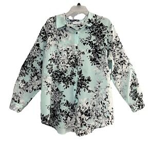Susan Graver Blue Black Floral‎ Sheer Button Up Blouse Women's 18W Casual Career